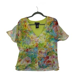 K Studio Collection Watercolor Floral Chiffon Blouse Artsy Boho Teacher Top 16